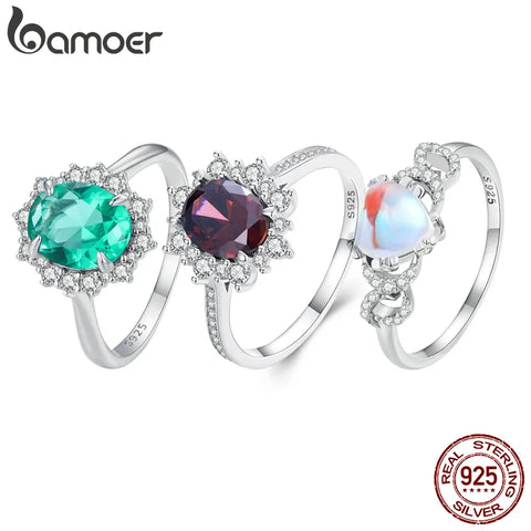 Bamoer 925 Sterling Silver Exquisite Round Gem Ring for Women Party Pave Setting CZ Fine Jewelry Valentine's Day Gift