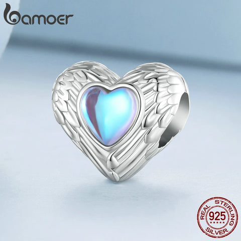 Bamoer 925 Sterling Silver Wing Heart Series Guard of Love Moonstone Charms for Women Original Bracelet Fine Jewelry BSC867
