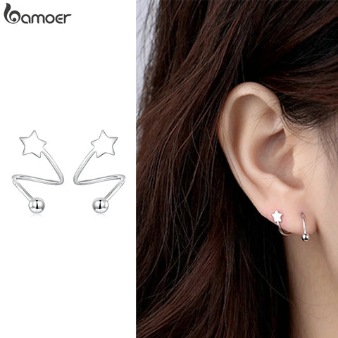 Bamoer 925 Sterling Silver Ear Buckle Rotating Wave Mini Star & Heart Stud Earrings for Women Plated Platinum Jewelry Gift