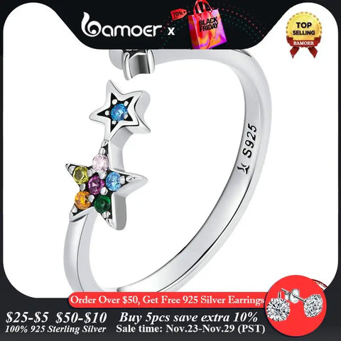 Bamoer Authentic 925 Sterling Silver Rainbow Crystal Star Ring Women Sterling Silver Adjustable Ring Fine Jewelry Wedding Gift