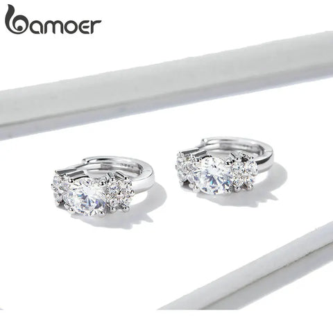 BAMOER 925 Sterling Silver Clear Cubic Zircon Hoop Earrings Luxury Crystal Ear Buckles for Women Wedding Fine Jewelry SCE485