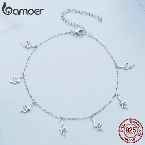 Bamoer Real 925 Sterling Silver Snake Pendant Anklet Simple Chain Foot Jewelry for Women Platinum Plated Summer Trendy Jewelry