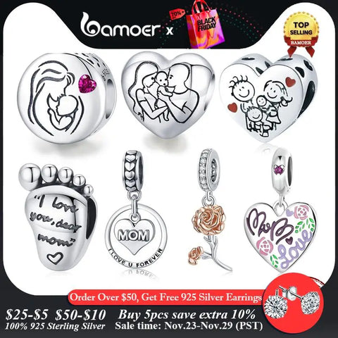bamoer 925 Sterling Silver Family Maternal Love Charm Baby Feet Bead Mom Heart Pendant for Original Bracelet Bangle DIY Jewelry