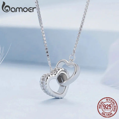 Bamoer 925 Sterling Silver Double Heart Pendant Necklace Clavicle Chain Link for Women Party Jewelry Valentine's Day Gift