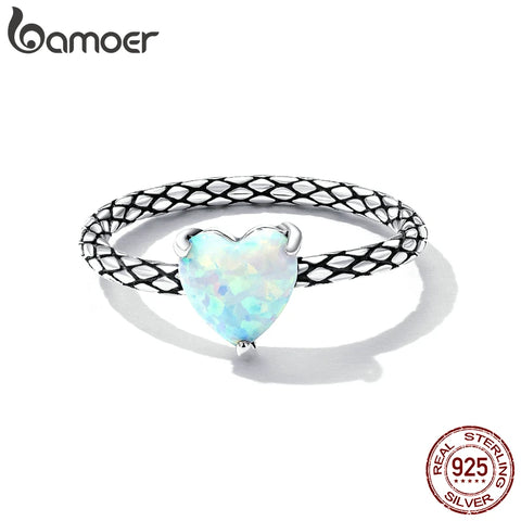 Bamoer 925 Sterling Silver Heart Opal Snake Pattern Ring for Women Eternity Ring Size 6 7 8 Luxury Brand Fine Jewelry Party Gift