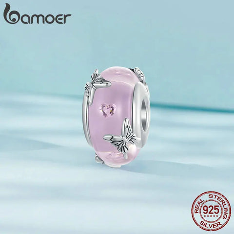 BAMOER 925 Sterling Silver Pink Glass Beads Transparent Butterfly Charm Fit Women Original Bracelets DIY Jewelry Accessories