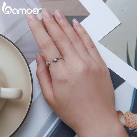 Bamoer 925 Sterling Silver Double Snakeheads Open Ring Snake Adjustable Ring for Women Pave Setting Zircon Fine Jewelry BSR317