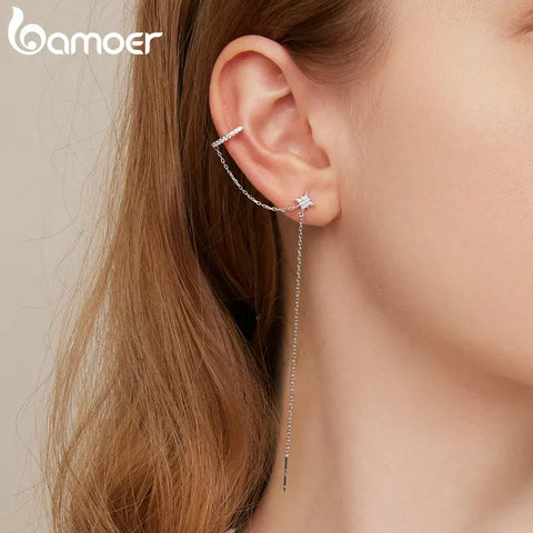 Bamoer 925 Sterling Silver Simple Star Ear Cuff for Women Fine Jewelry Korean Trendy Tassel Ear Studs Wedding Party Gift SCE1450