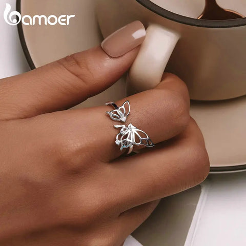Bamoer 925 Sterling Silver Hollow-out Delicate Butterfly Opening Ring Elf Adjustable Ring for Women Fine Jewelry