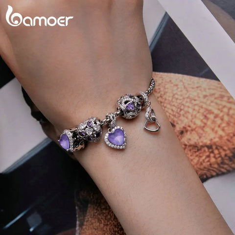 Bamoer 925 Sterling Silver Infinite Love Bead Purple Heart Zircon Charms for Women Bracelet and Necklace DIY Fine Jewelry