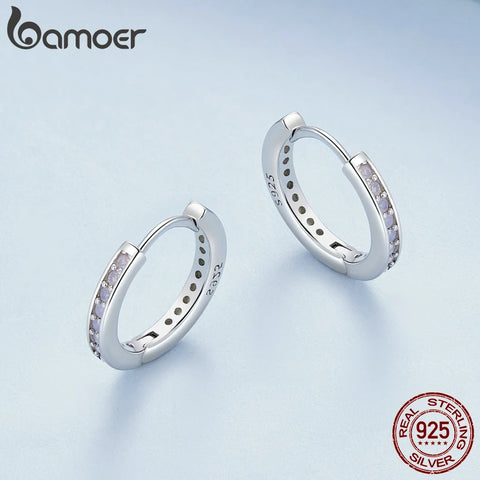 Bamoer 925 Sterling Silver Pink Opal Ear Buckles Classic Round Hoop Earrings for Women Girls Original Design Fine Jewelry