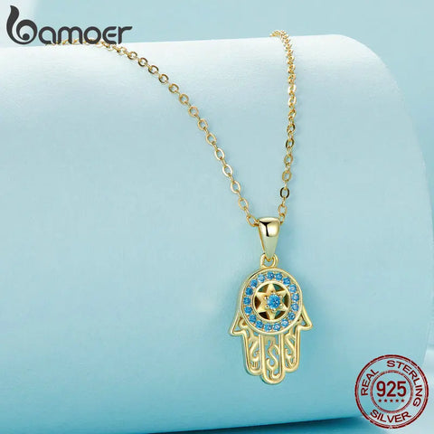 BAMOER Genuine 925 Sterling Silver Trendy Fatima's Guarding Hand Pendant Hamsa Lucky Necklaces for Women  Fine Jewelry Gift