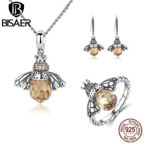 BISAER 925 Sterling Silver Cute Orange Zircon Bee Jewelry Set Pendant Necklace & Stud Earrings & Ring For Elegant Women's Party