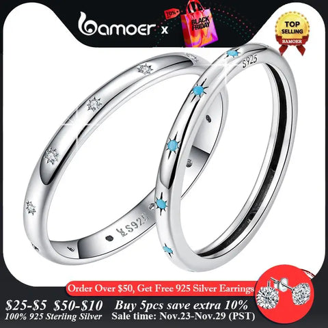 BAMOER Genuine 925 Sterling Silver Star Ring Women Turquoise Ring Sterling Silver Lucky Peace Jewelry Gift