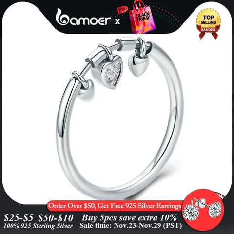 BAMOER 925 Sterling Silver Glittering Heart Clear CZ Anel Female Ring Women Wedding Engagement Jewelry SCR215