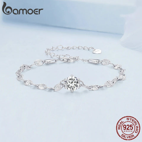 Bamoer 925 Sterling Silver Round Zircon Bracelet Lobster Clasp Adjustable Chain Link for Women Birthday Annivesary Gift  BSB142