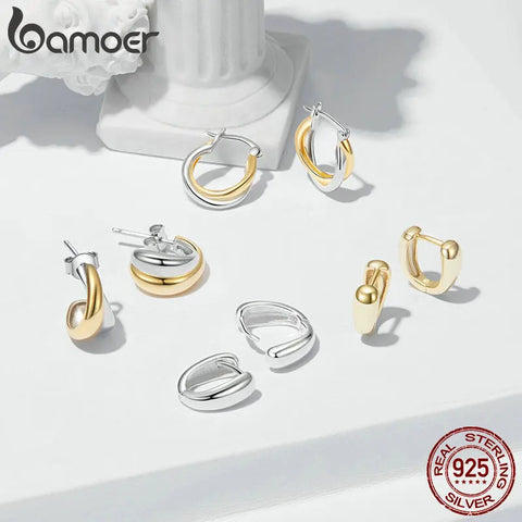 BAMOER 925 Sterling Silver Office Lady Style Simple Huggie Ear Buckles Gold Plated Hoop Earrings for Women Fine Jewelry