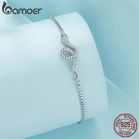Bamoer 925 Sterling Silver Luxury Spirit Snake Bracelet Lobster Clasp Chain Pave Setting CZ for Women Trendy Fine Jewelry