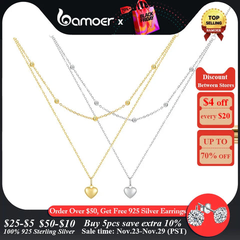 BAMOER 925 Sterling Silver Heart Pendant Necklace for Women Gold Double Layer Choker Female Fine Jewelry BSN168