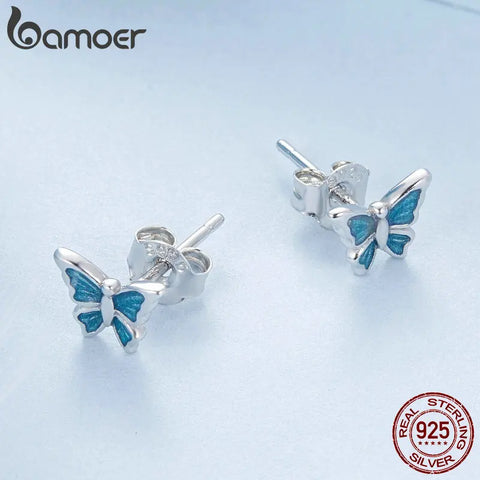 BAMOER 925 Sterling Silver Blue Enamel Mini Butterfly Stud Earrings for Women Girls Sweet Fine Jewelry Birthday Gift