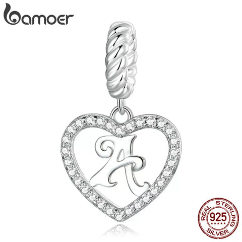 Bamoer 925 Sterling Silver Delicate Heart Pendant Letter A to Z Charms fit for DIY Bracelet & Necklace Alphabet Beads