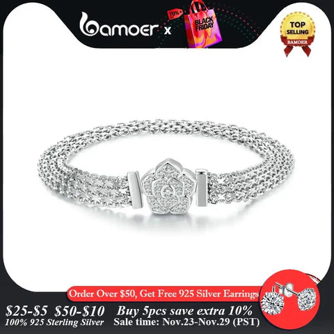 Bamoer 925 Sterling Silver Rose Basic Bracelet Hollow-out Wide Band Chain Platinum Plated for Women Valentine's Day Gift SCB265