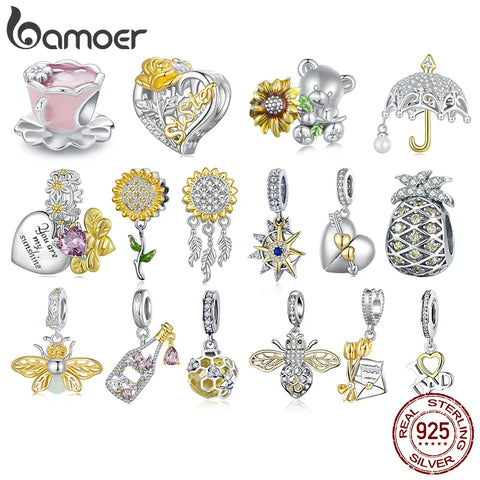 Bamoer 925 Sterling Silver Flower Teacup Charm Beads for Charm Bracelet Cherry Blossom Tea DIY Jewelry Accessories SCC2563