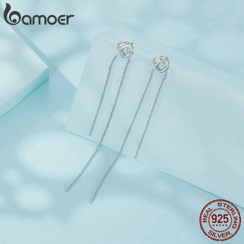 Bamoer 925 Sterling Silver Long Tassel Stud Earrings Heart-shaped Earrings for Women Party Gift Fine Jewelry SCE1666