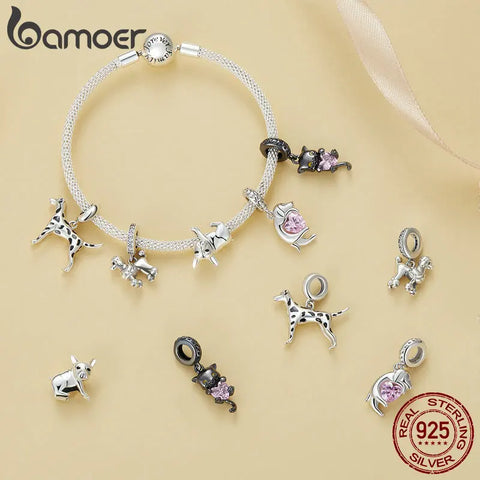 Bamoer 925 Sterling Silver Lovely Pet Series Poodle Hanging Bead Bulldog Charms for Women Bracelet and Necklace DIY Fine Jewelry