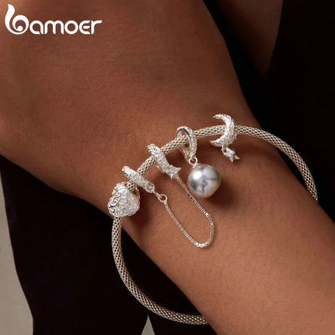 Bamoer 925 Sterling Silver Moon and Star Bead Quality Shell Pearl Pendant Charm for Women Bracelet and Necklace DIY Fine Jewelry