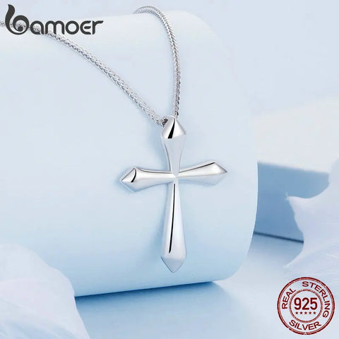 BAMOER Platinum Plated 925 Solid Sterling Silver Classic Cross Pendant Crucifix Necklace Faithful For Women Girls