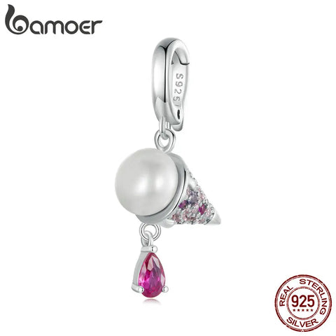 BAMOER 925 Sterling Silver Ice Cream Pendant Charms Natural Pearl Beads for Women Bracelet and Necklace DIY Accessories