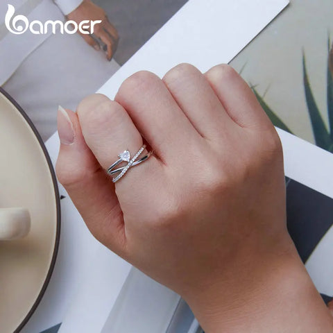 Bamoer 925 Sterling Silver Multi-layer Ring Geometric Round Finger Rings for Women Original Design Heart Zircon Fine Jewelry