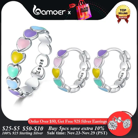 Bamoer 925 Sterling Silver Rainbow Series Heart to Heart Ring & Earrings Jewelry Set for Women Fine Jewelry Gift