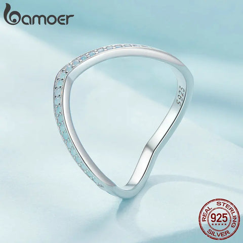 BAMOER Eternity Band V Shaped Double Chevron 925 Sterling Silver Ring, Stacking Engagement Ring for Women