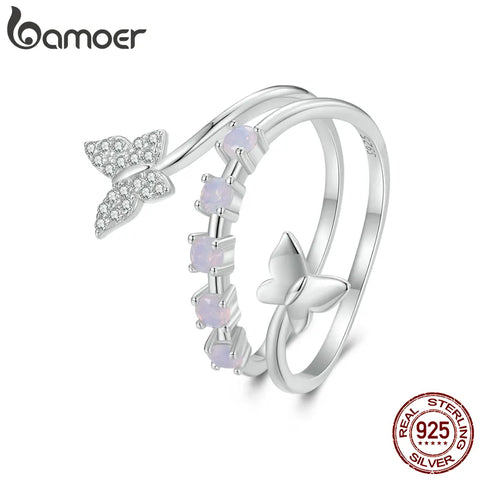 Bamoer 925 Sterling Silver Dancing Butterfly Opening Ring Fantasy Opal Adjustable Ring for Women Pave Setting CZ Fine Jewelry