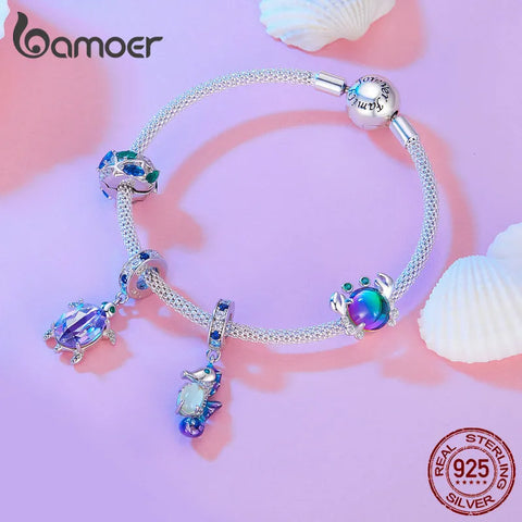 Bamoer 925 Sterling Silver Dreamy Oecan Series Dazzling Crab Beads Seahorse Pendant Charms for Women Bracelet and Necklace DIY