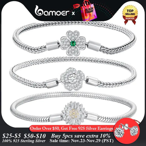 Bamoer 925 Sterling Silver Zircon Rose Buckle Bracelet Snake Chain for Women Bead Charm DIY Chic Jewelry Gift BSB096
