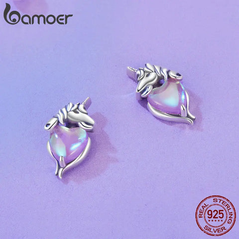 BAMOER Hypoallergenic Unicorn Stud Earrings for Women 925 Sterling Silver Earrings Jewelry Gifts for Sensitive Ears