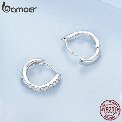BAMOER 925 Sterling Silver Original Design Wave Ear Buckles Irregular Hoop Earrings for Women Shiny Zircon Fine Jewelry Gift
