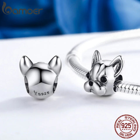 BAMOER 925 Sterling Silver Loyal Partners French Bulldog Bead Dog Animal Bead fit Women Charm Bracelets DIY Jewelry SCC315