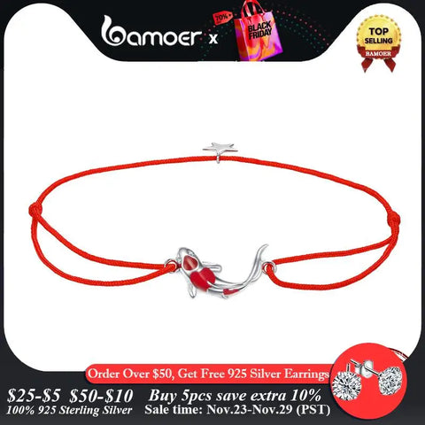 bamoer Guardian Lucky Fish Rope Chain Bracelet for Couple Sterling Silver 925 Star Enamel Jewelry Friendship Bracelets SCB145
