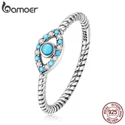 Bamoer Genuine 925 Sterling Silver Turquoise Demon Eye Ring for Women Twist Design Trendy Promise Ring Fine Jewelry Wedding Gift