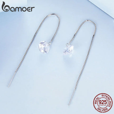Bamoer 925 Sterling Silver Pink Blue Zircon Drop Dangle Ear Threads Long Tassel Earrings for Women Engagement Gift