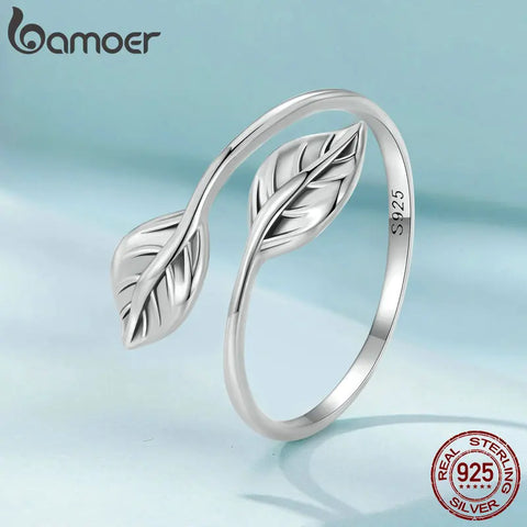 Bamoer 925 Sterling Silver Leaf Opening Ring Adjustable Leaves Ring Platinum Plated Simple Jewelry for Women SCR975-E