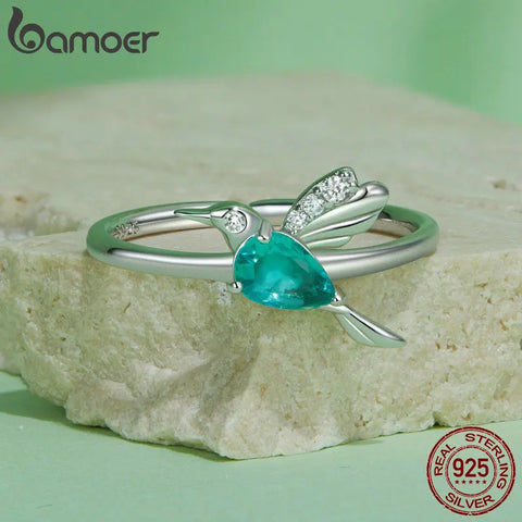 BAMOER 925 Sterling Silver Hummingbird Ring with Blue Cubic Zirconia for Women Jewelry Gift Adjustable Ring 6-9#