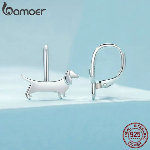 BAMOER 925 Sterling Silver Lovely Dachshund Ear Buckles Cute Dog Hoop Earrings for Women Party Fine Jewelry Gift