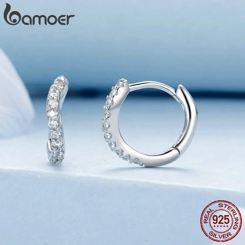BAMOER 925 Sterling Silver Original Design Wave Ear Buckles Irregular Hoop Earrings for Women Shiny Zircon Fine Jewelry Gift