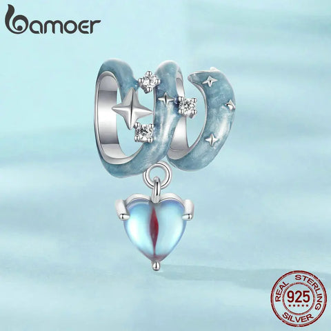 BAMOER Meteor Star Charm for Charm Bracelet, 925 Sterling Silver Heart Pendant Blue Charm with Skin-Friendly Moonstone