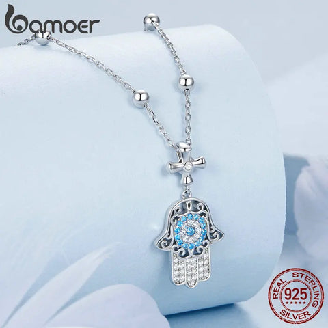 BAMOER 925 Sterling Silver Exquisite Fatima's Hand Necklace Guarding Hand Neck Chain Pave Setting CZ for Women Birthday Gift